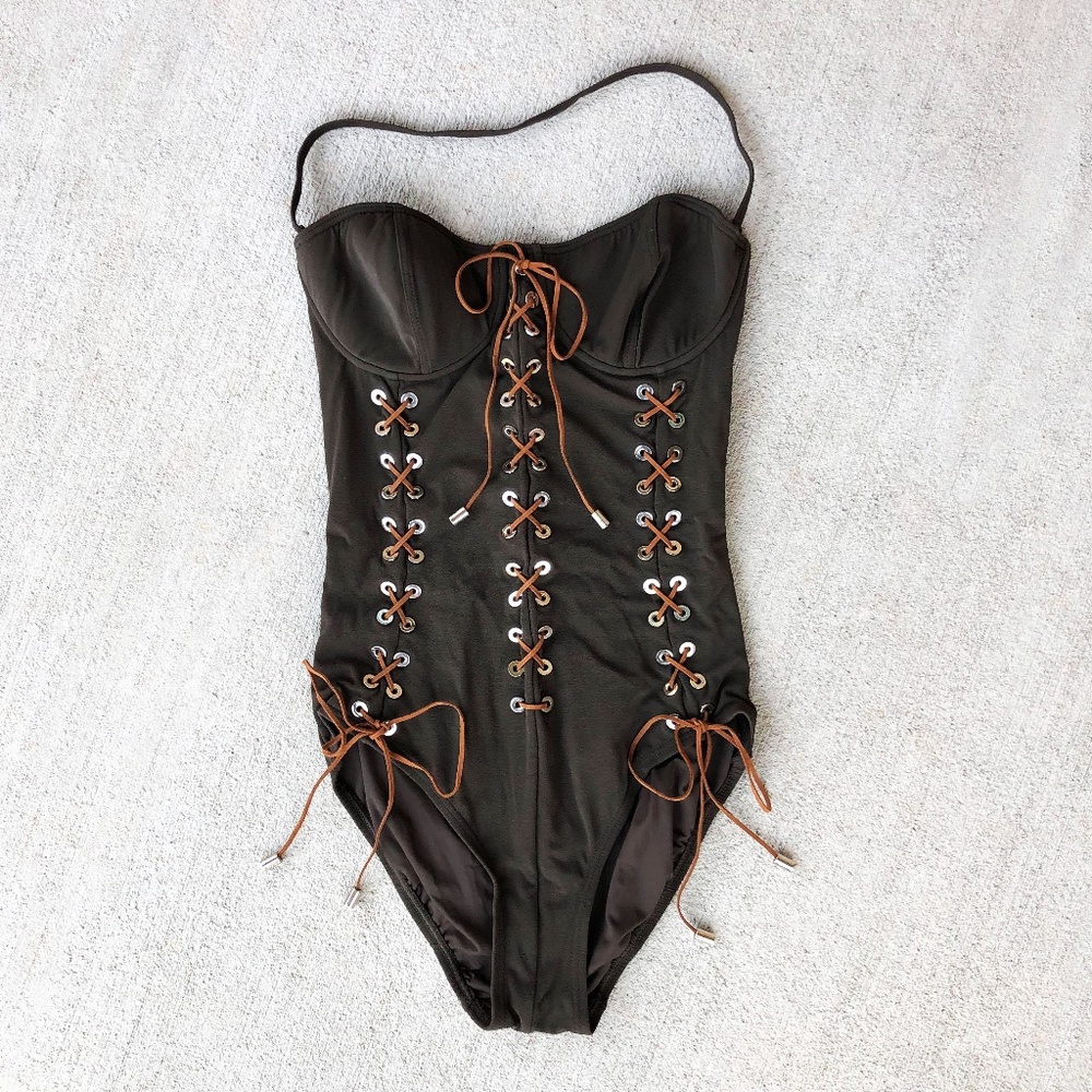 Michael Kors One-Piece Chocolate Brown Swimsuit / Lace Up Bathing Suit / New!